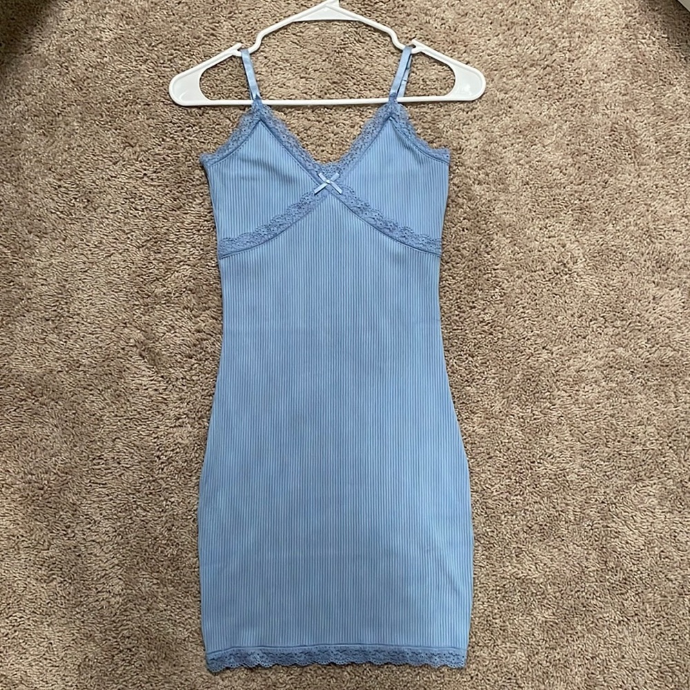 Light Blue Bodycon Dress with Lace Hems